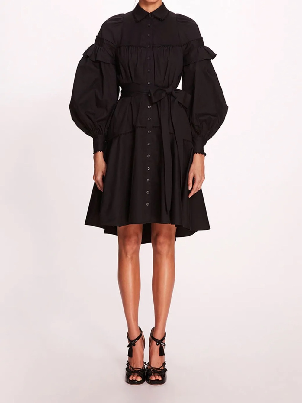 Black Button-Front Puff Sleeve Shirt Dress